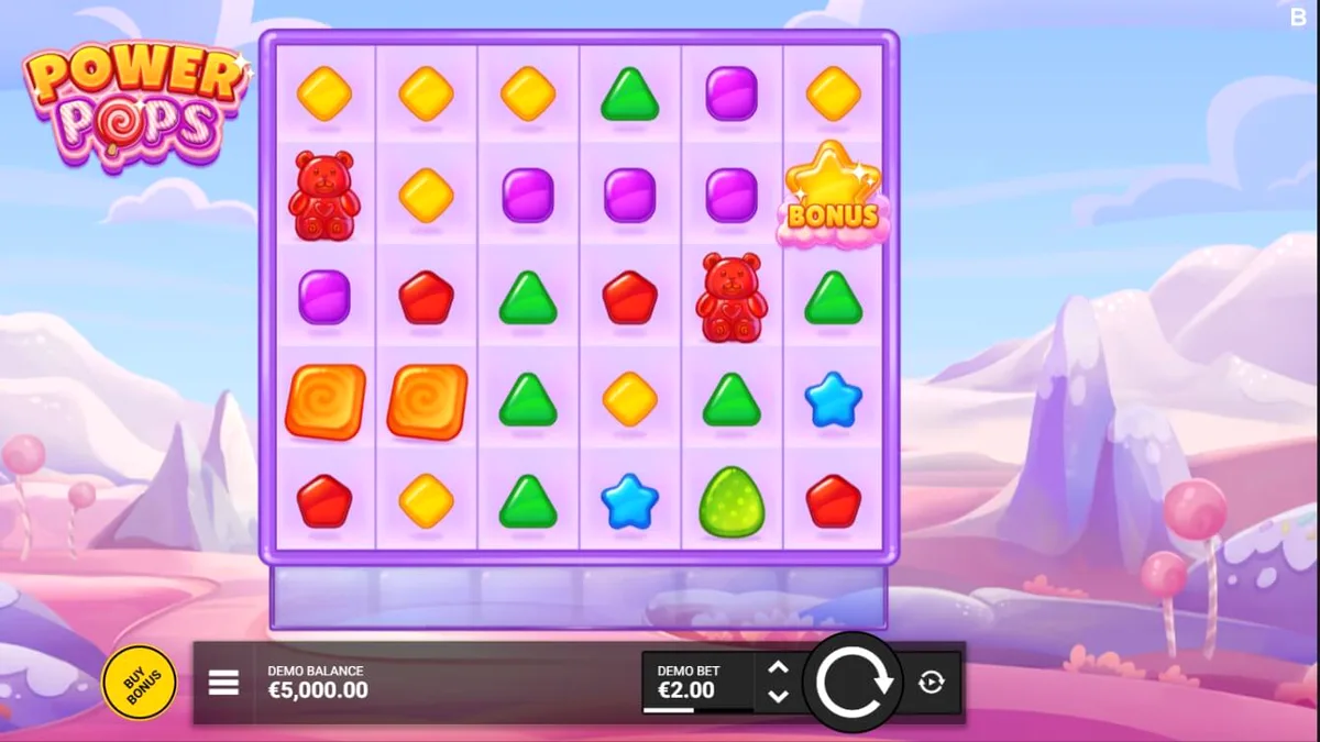 Interface colorida do slot Power Pops com doces e pirulitos