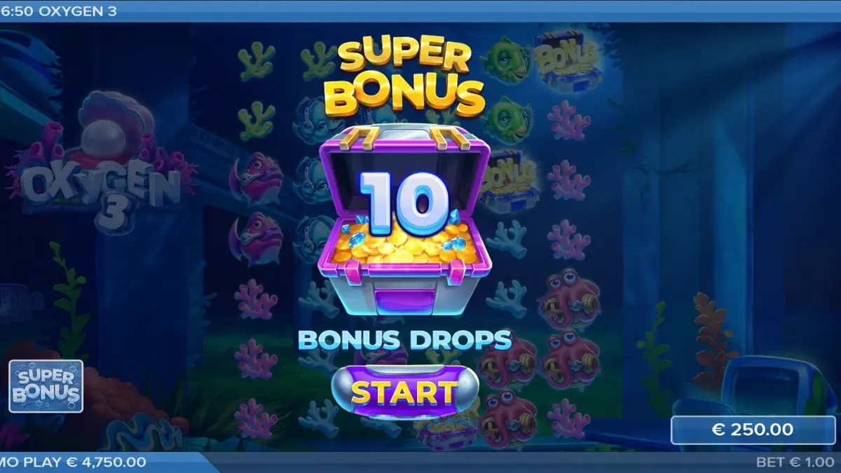 Interface do jogo de slot Oxygen 3 com elementos subaquáticos e multiplicadores