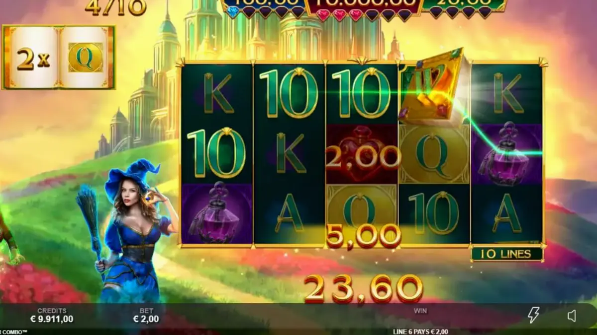 Interface do jogo Book of Oz Magic 5 Power Combo com elementos mágicos e grade de rolos
